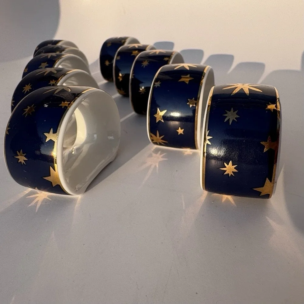 VTG 90s Sakura Napkin Rings Celestial Stars (10) Porcelain 14K Gold Night Sky